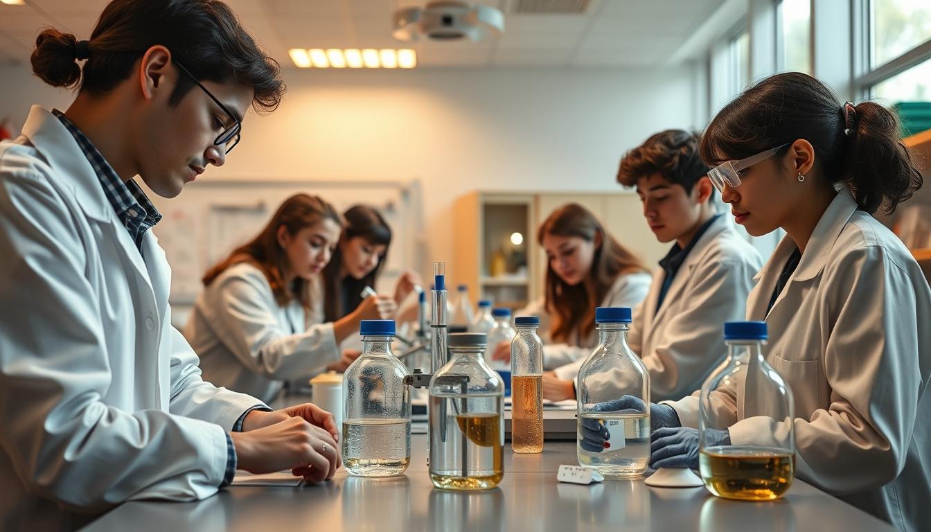 Students studying together in modern classroom